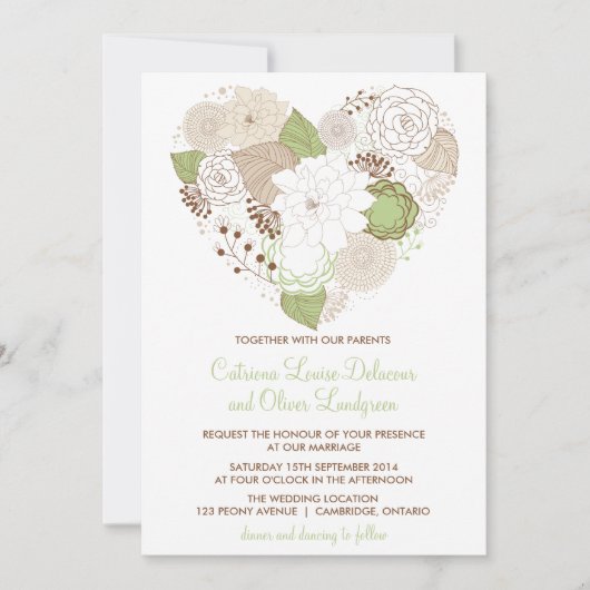 ミントグリーン春ハートフラワーズ結婚式招待状 招待状 (正面)