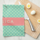 ミントグリーン水玉模様付きピンクフラミンゴ キッチンタオル (四つ折り)