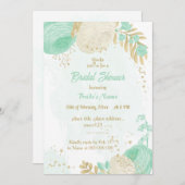 ミントグリーン白い花金ゴールドフローラブライダルシャワー 招待状 (正面/裏面)