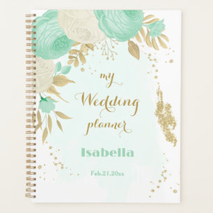 ミントグリーン白い花金ゴールド結婚フローラ プランナー手帳