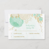 ミントグリーン白い花金ゴールド結婚フローラ 出欠カード (正面)
