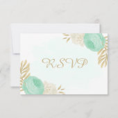 ミントグリーン白い花金ゴールド結婚フローラ 出欠カード (裏面)