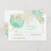 ミントグリーン白い花金ゴールド結婚フローラ 出欠カード (正面/裏面)