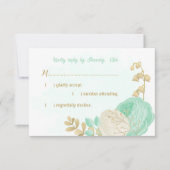 ミントグリーン白い花金ゴールド結婚フローラ 出欠カード (正面)