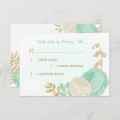 ミントグリーン白い花金ゴールド結婚フローラ 出欠カード (正面/裏面)