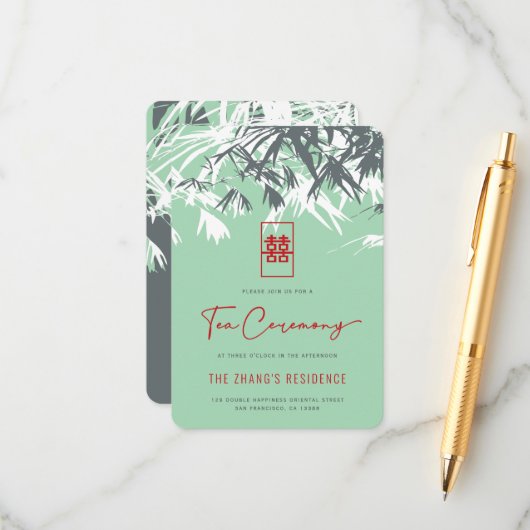 ミントグリーン禅葉竹中国の茶の湯 エンクロージャーカード (正面/裏面インサイチュ)