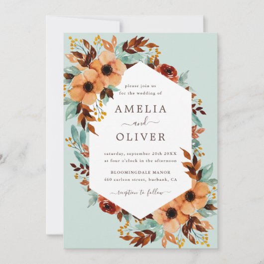 ミントグリーン素朴フローラウォーター結婚カラー 招待状 (正面)