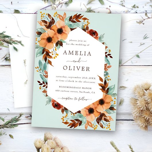 ミントグリーン素朴フローラウォーター結婚カラー 招待状