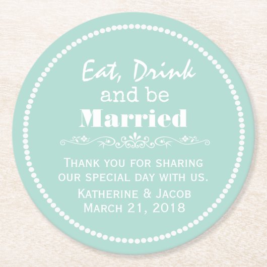 ミントグリーン結婚の感謝お願い紙コースター ラウンドペーパーコースター (正面)