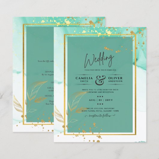 ミントグリーン結婚金ゴールドアルコールインク抽象芸術 (正面/裏面)