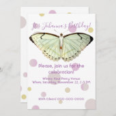 ミントグリーン美しいバタフライ誕生日 招待状 (正面/裏面)