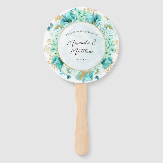 ミントグリーン花模様金ゴールド結婚の葉ありがとう ハンドファン (正面)