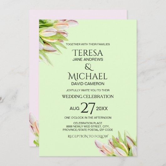 ミントグリーン赤面ピンクチューリモダンップ 招待状 (正面/裏面)