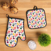 ミントグリーン赤面ピンクブルーハートアートパターン 鍋つかみ&鍋敷きセット