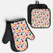 ミントグリーン赤面ピンクブルーハートアートパターン 鍋つかみ&鍋敷きセット