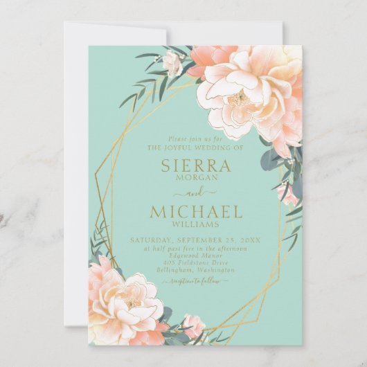 ミントグリーン赤面ピーチクリーム金ゴールドフローラ結婚ズ 招待状 (正面)