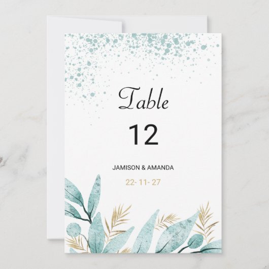 ミントグリーン金ゴールドの水色葉表番号 招待状 (正面)