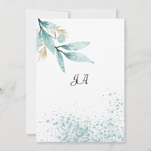 ミントグリーン金ゴールドの水色葉表番号 招待状 (裏面)
