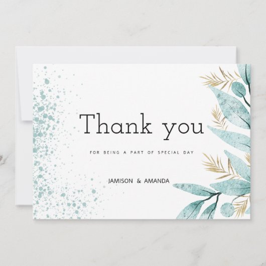 ミントグリーン金ゴールドの葉ありがとう 招待状 (正面)