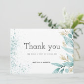 ミントグリーン金ゴールドの葉ありがとう 招待状 (スタンド正面)