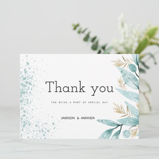 ミントグリーン金ゴールドの葉ありがとう 招待状 (スタンド正面)