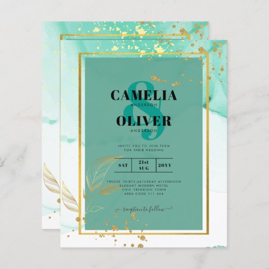 ミントグリーン金ゴールドアルコールインク結婚抽象芸術 (正面/裏面)