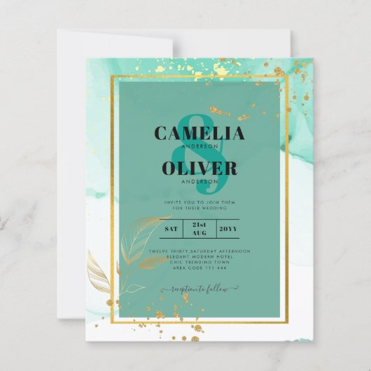 ミントグリーン金ゴールドアルコールインク結婚抽象芸術 (正面)