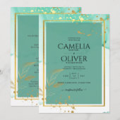 ミントグリーン金ゴールドアルコールインク結婚抽象芸術 招待状 (正面/裏面)