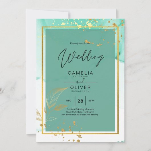 ミントグリーン金ゴールドアルコールインク結婚抽象芸術 招待状 (正面)