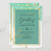 ミントグリーン金ゴールドアルコールインク結婚抽象芸術 招待状 (正面/裏面)
