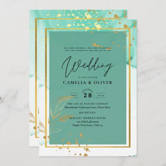 ミントグリーン金ゴールドアルコールインク結婚抽象芸術 招待状 (正面/裏面)
