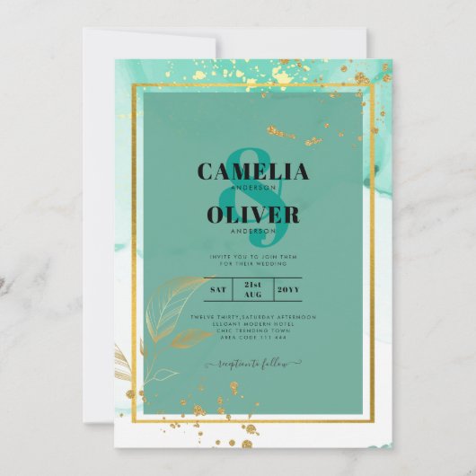 ミントグリーン金ゴールドアルコールインク結婚抽象芸術 招待状 (正面)