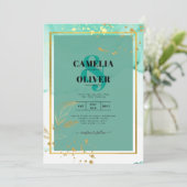 ミントグリーン金ゴールドアルコールインク結婚抽象芸術 招待状 (スタンド正面)