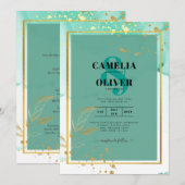 ミントグリーン金ゴールドアルコールインク結婚抽象芸術 招待状 (正面/裏面)