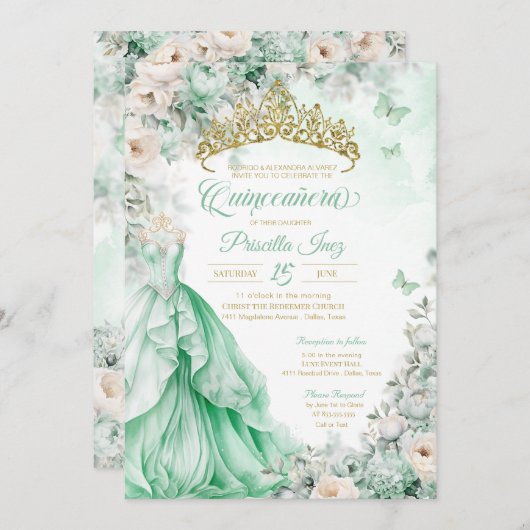 ミントグリーン金ゴールドバタフライプリンセスキンセアニラ 招待状 (正面/裏面)