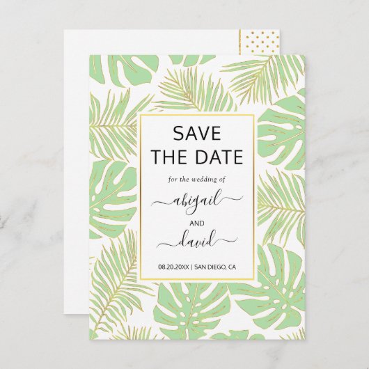 ミントグリーン離れ熱帯結婚式日付を保存 案内ポストカード (正面/裏面)