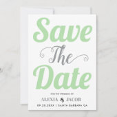 ミントグリーン、グレーのタイポグラフィと背面の写真 セーブザデート (正面)