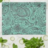 ミントグリーン&グレーヴィンテージフローラダマスク キッチンタオル (折り畳み)