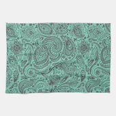 ミントグリーン&グレーヴィンテージフローラダマスク キッチンタオル (横)