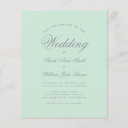 ミントグリーン & グレー スクリプト 予算 ウェディング 招待状 (正面)