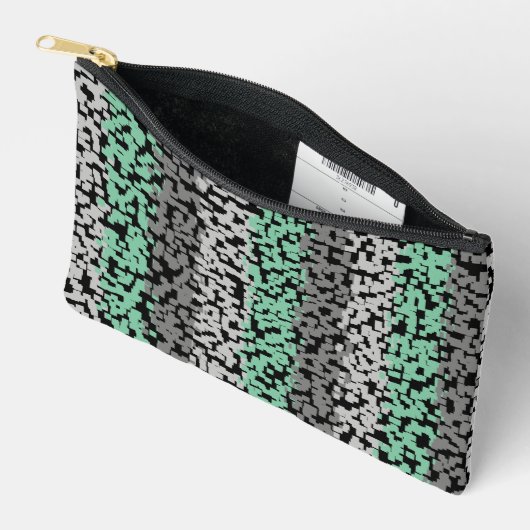 ミントグリーン、グレー、黒のデジタルピクセル化されたストライプ アクセサリーポーチ (見開き)