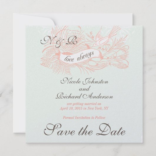 ミントグリーン コーラルピンク ヴィンテージ セーブ・ザ・デート (正面)