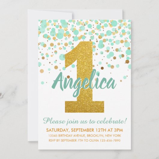 ミントグリーン ゴールド 1歳 誕生日 コンフェッティ 誕生日 招待状 (正面)