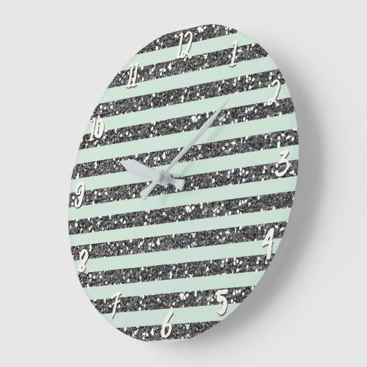 ミントグリーン&シルバーグリッタースパストライプークル ラージ壁時計 (傾斜)