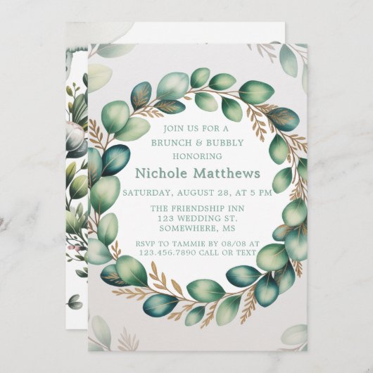 ミントグリーン&セージEucalyptusブランチ&バブリー 招待状 (正面/裏面)