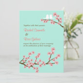 ミントグリーン&ピンクさくらんぼブロッサムモダン結婚ズ 招待状 (スタンド正面)