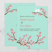 ミントグリーン&ピンクさくらんぼブロッサムモダン結婚ズ 招待状 (正面/裏面)