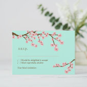 ミントグリーン & ピンクの桜 現代の結婚式出欠確認 出欠カード (スタンド正面)