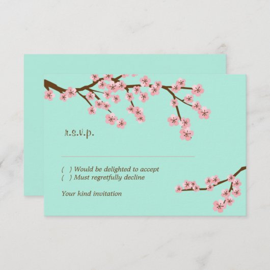 ミントグリーン & ピンクの桜 現代的な結婚式の返信カード 出欠カード (正面/裏面)