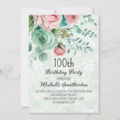 ミントグリーン ピンクの花と蝶の誕生日 招待状 (正面)